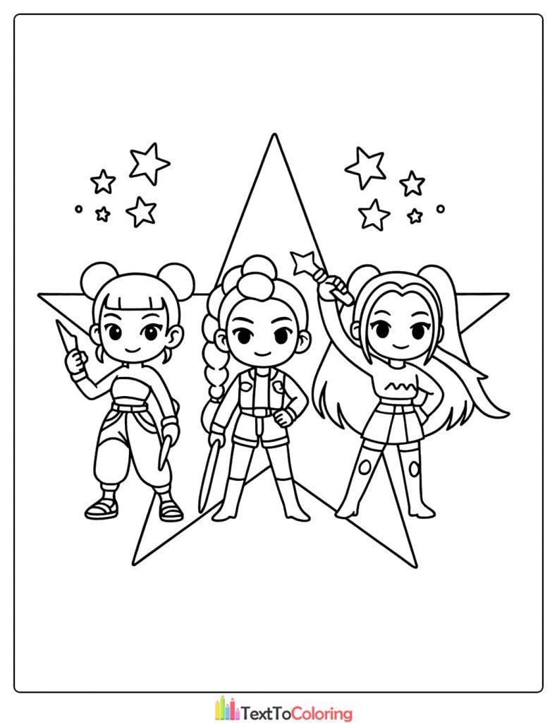 Chibi Kpop Demon Hunters Mira Rumi Zoey in a star pose Coloring Pages