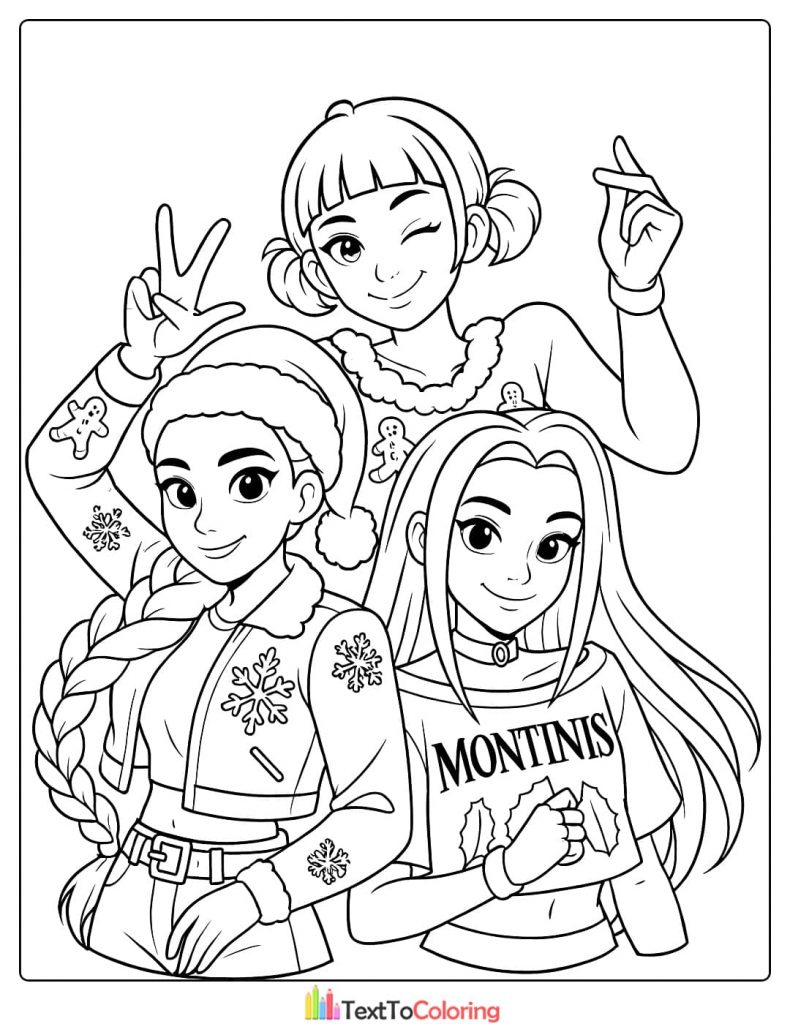 Kpop Demon Hunters taking a group selfie in winter clothes Coloring Pages