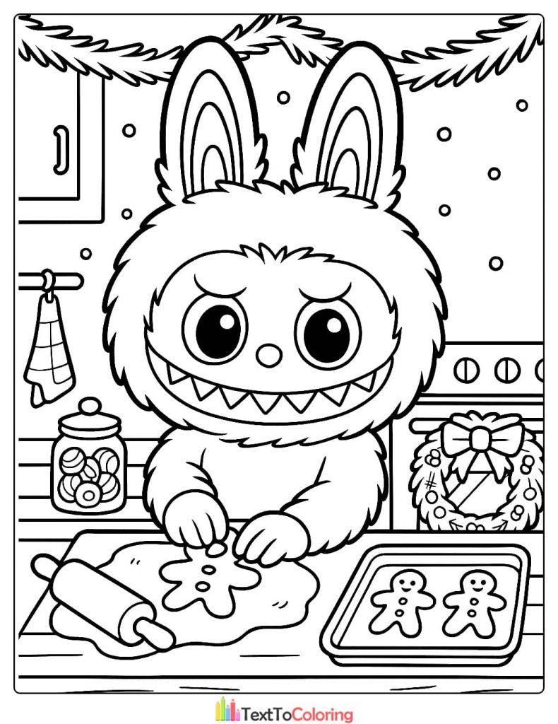 Labubu in a kitchen apron baking and cutting out gingerbread man cookies coloring scene
