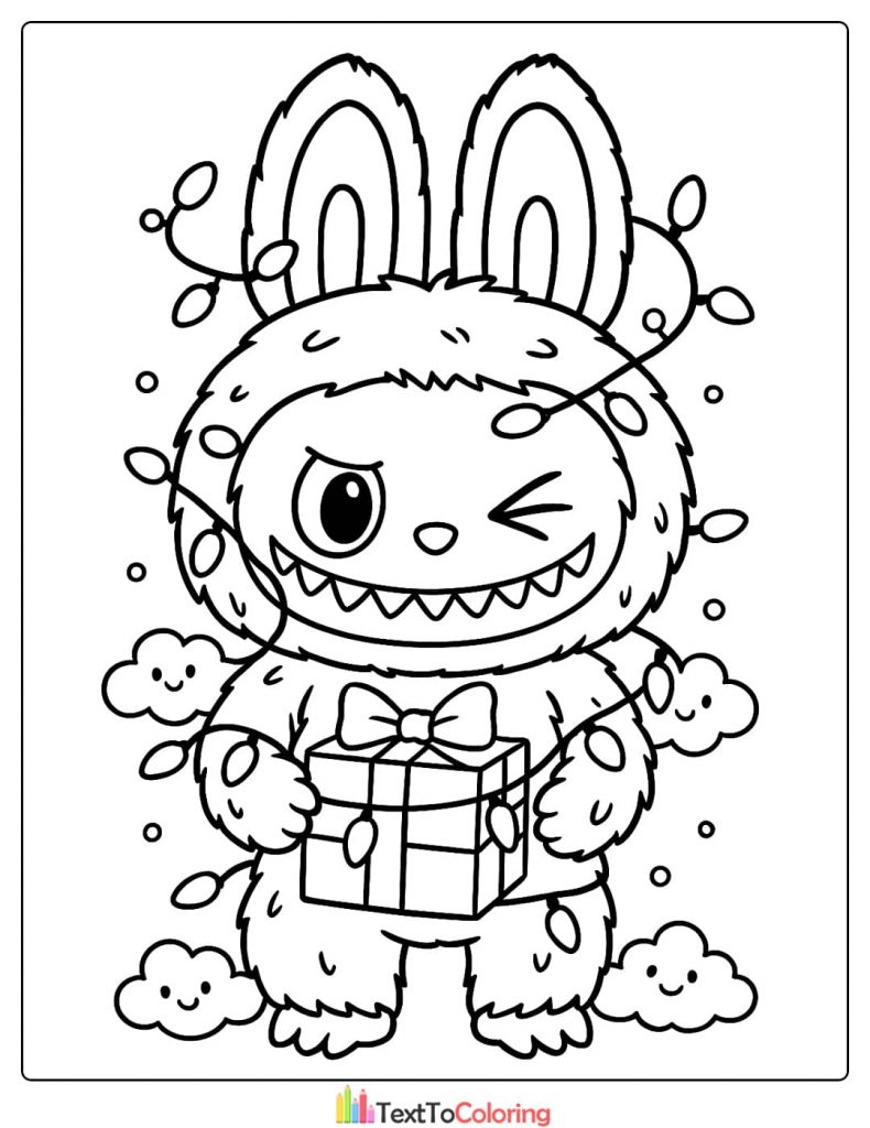 Fluffy Labubu holding a bow-wrapped gift tangled in holiday lights coloring picture