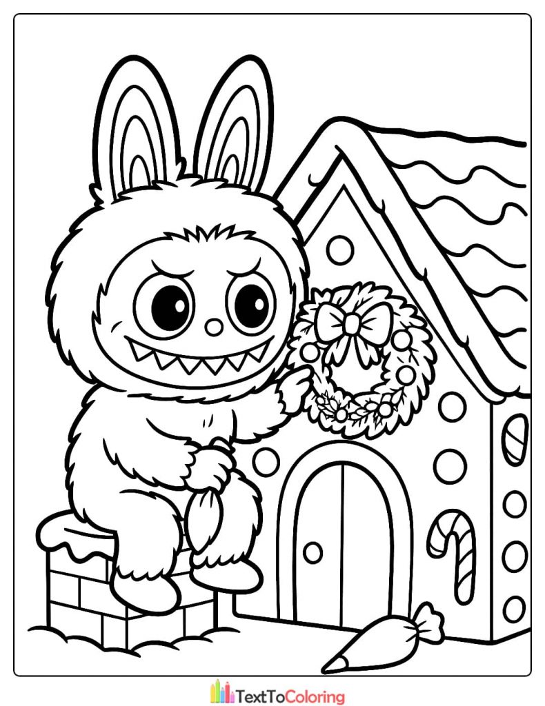 Labubu sitting on a gingerbread house chimney decorating with a Christmas wreath coloring design
