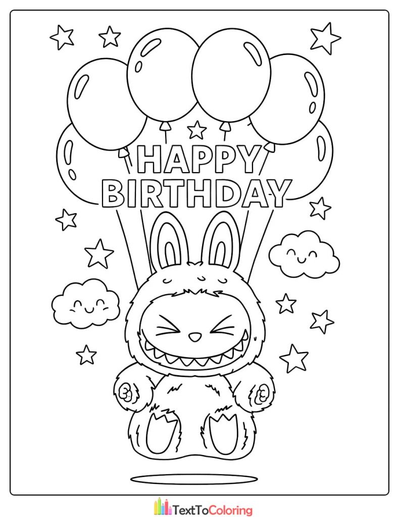 Cheerful Labubu floating with Happy Birthday balloons and stars coloring image