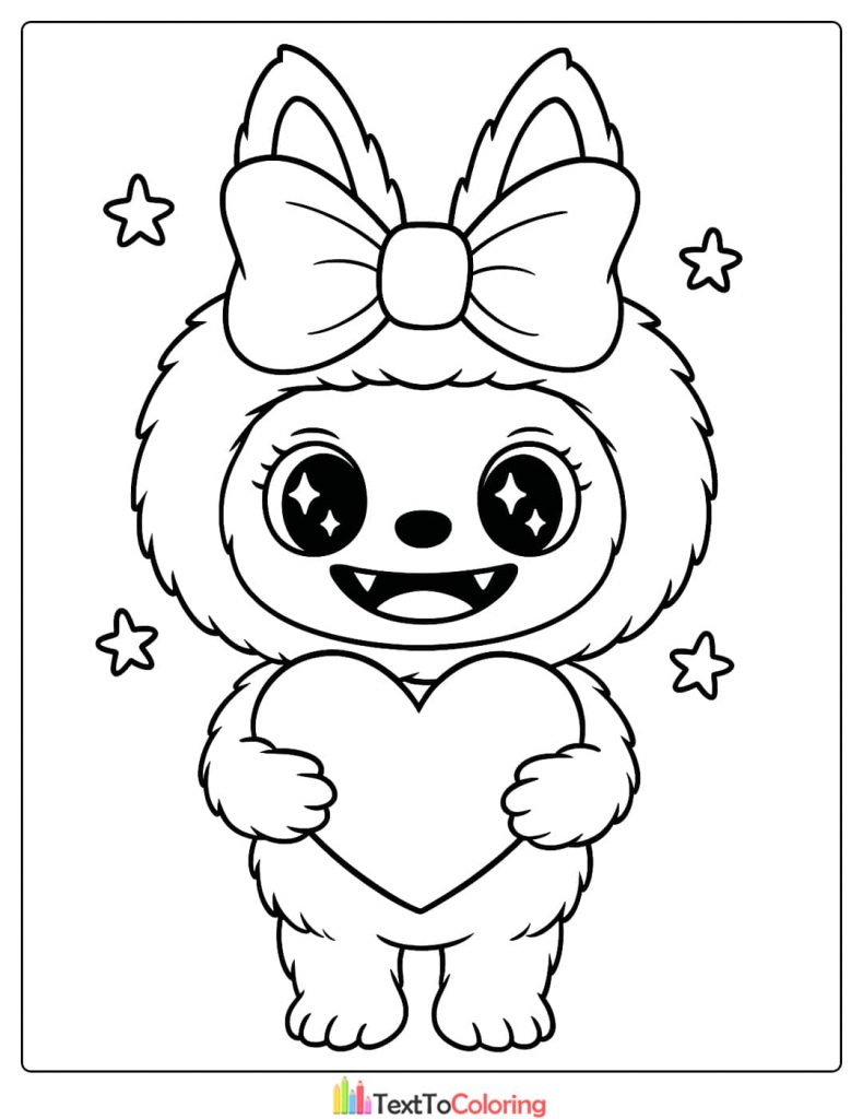 Sparkling eyed Labubu with a bow holding a large heart outline surrounded by stars coloring design
