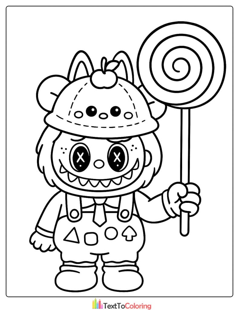 Labubu in overalls and apple hat holding a huge swirl lollipop coloring picture