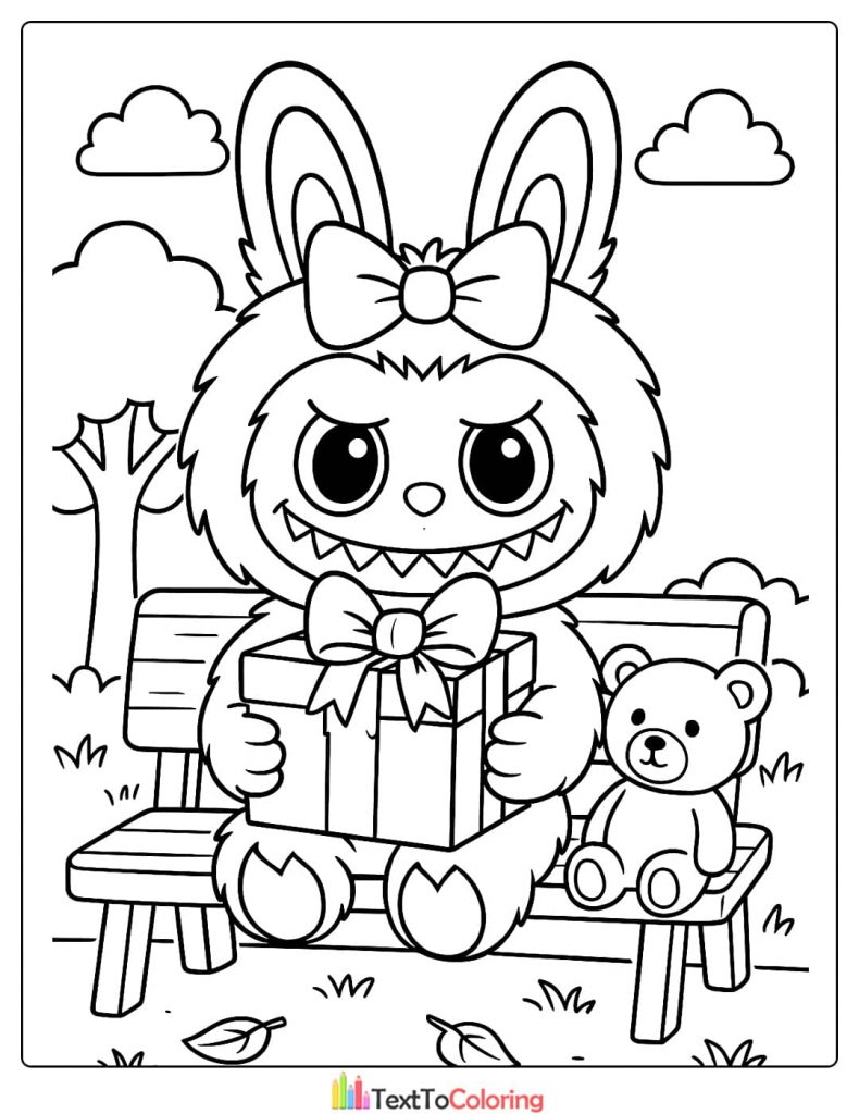 Labubu with a bow holding a present sitting on a park bench next to a teddy bear coloring sheet