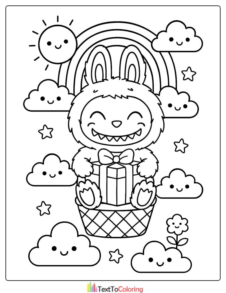 Happy Labubu monster sitting in a patterned Easter basket with a gift under a rainbow coloring sheet