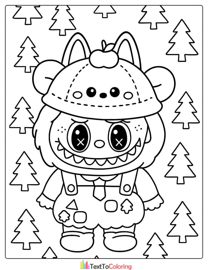 Labubu in overalls and apple hat standing amongst simple pine tree outlines coloring background