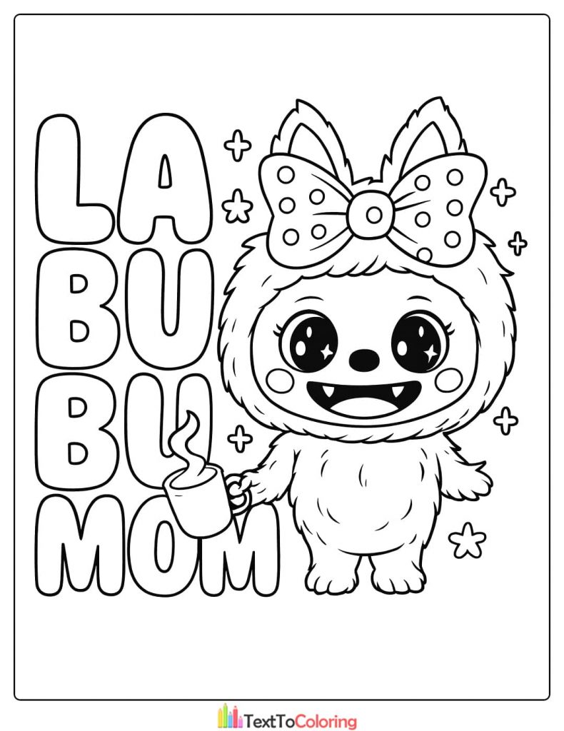 Labubu with a bow and sparkling eyes holding a hot beverage mug with Labubu Mom text