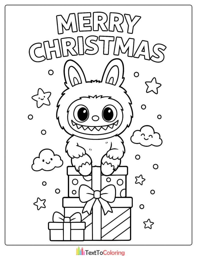Fluffy Labubu sitting on a stack of wrapped Christmas gifts coloring sheet