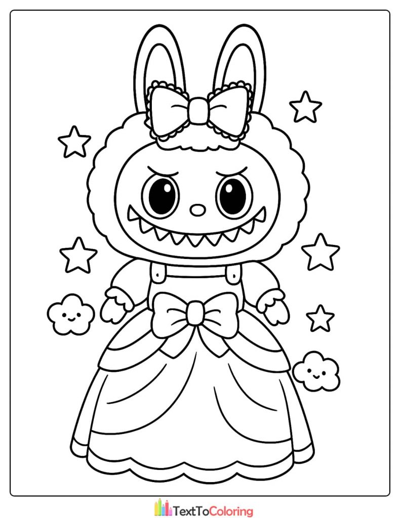 Female Labubu wearing a big bow and a beautiful princess ball gown surrounded by stars coloring image