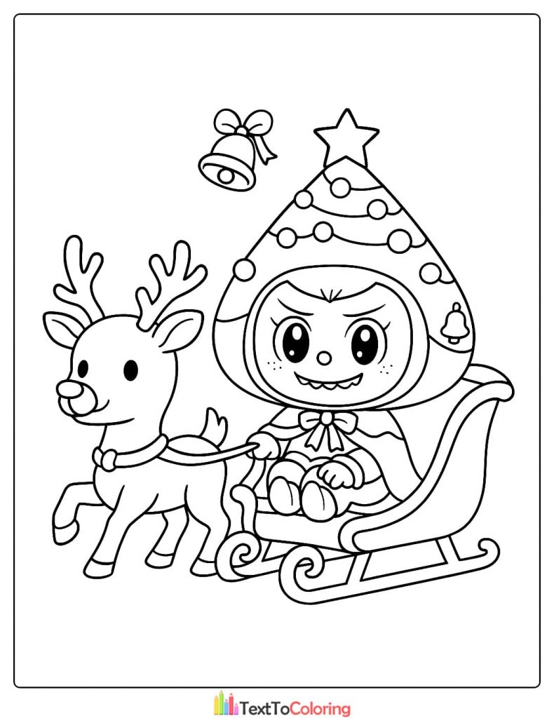 Labubu in Christmas outfit riding a sleigh pulled by a reindeer coloring image