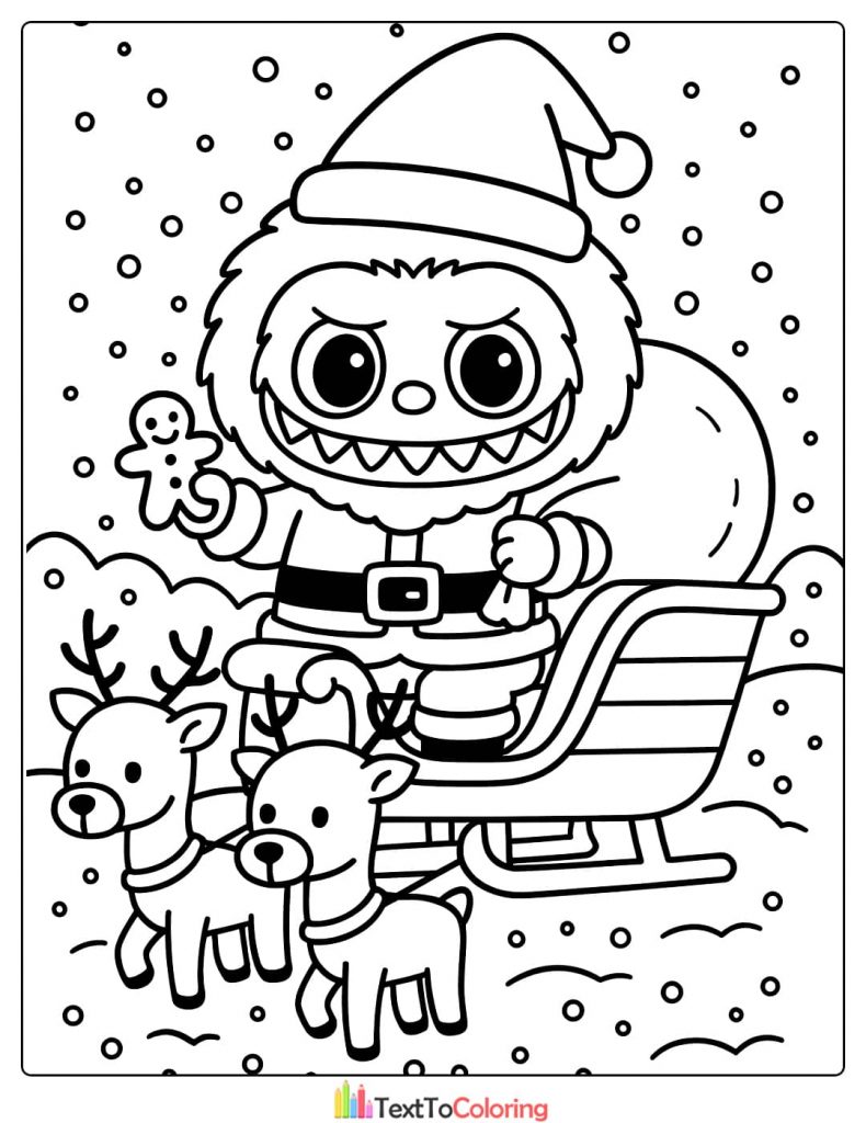 Fuzzy Labubu dressed as Santa Claus with a sack and reindeer sleigh coloring picture