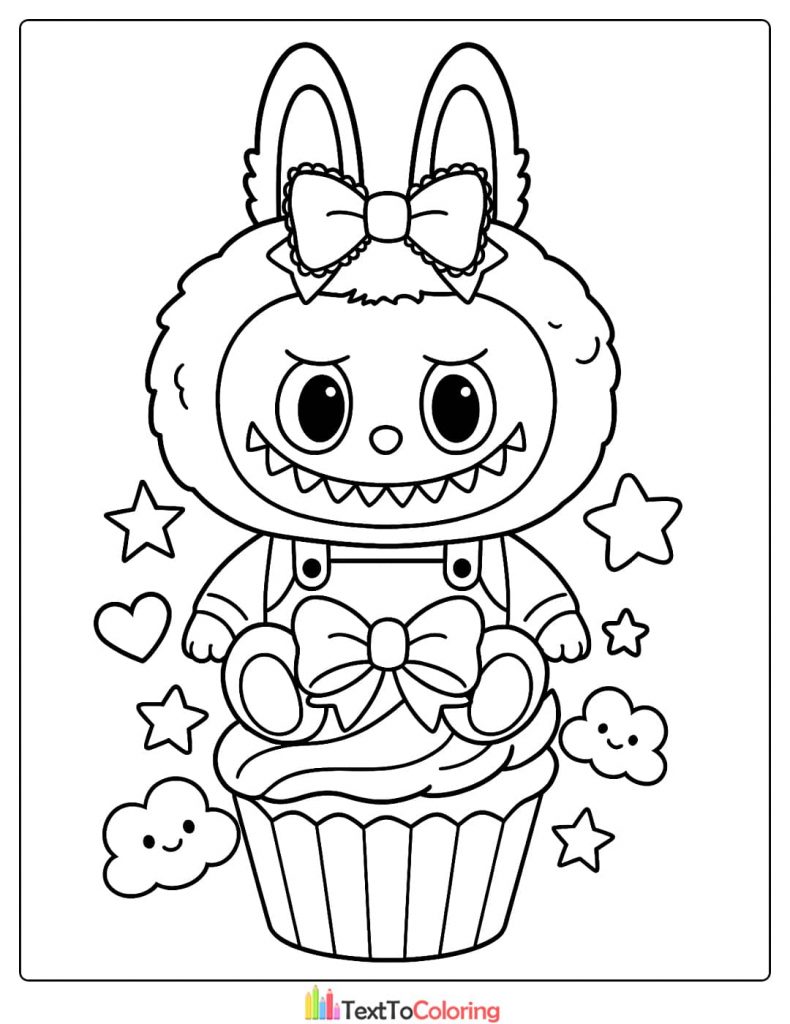 Labubu in overalls sitting on a giant frosting-topped cupcake surrounded by stars and clouds coloring image