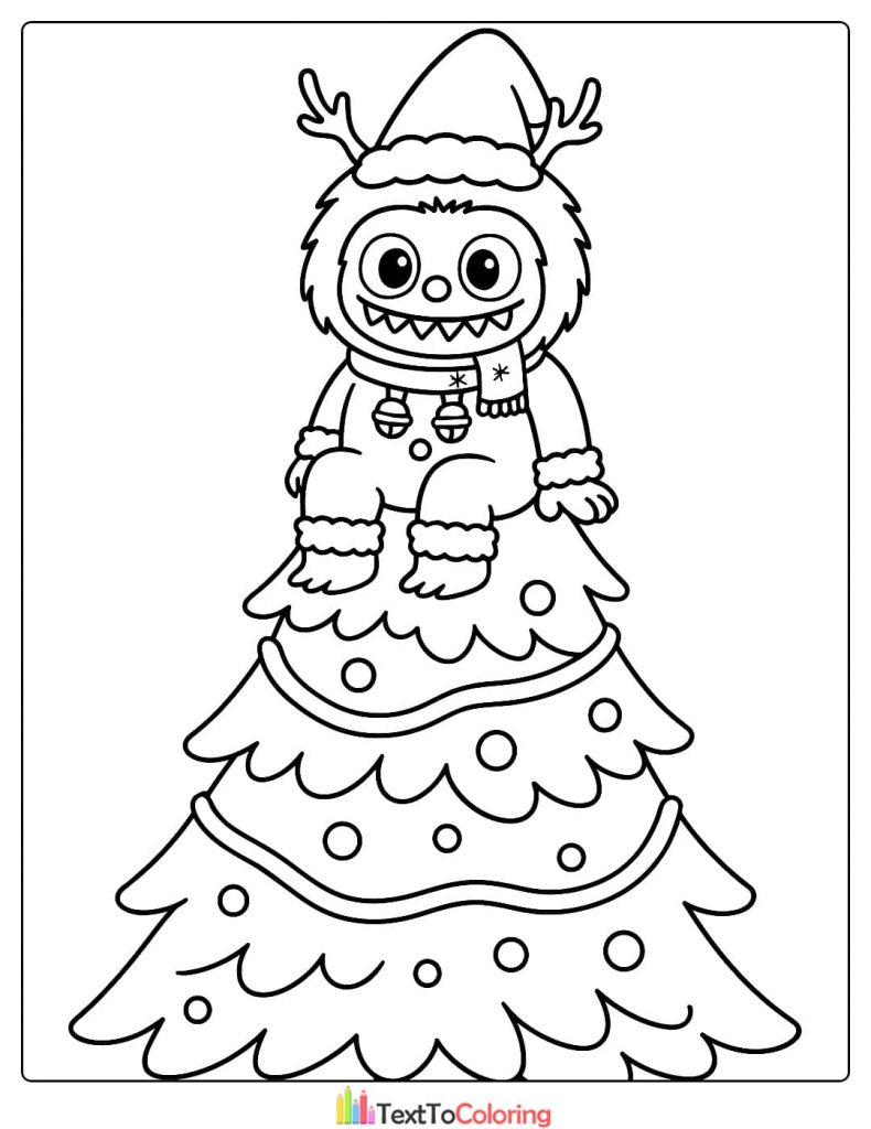 Fluffy Christmas Labubu monster sitting atop a decorated Christmas tree coloring design