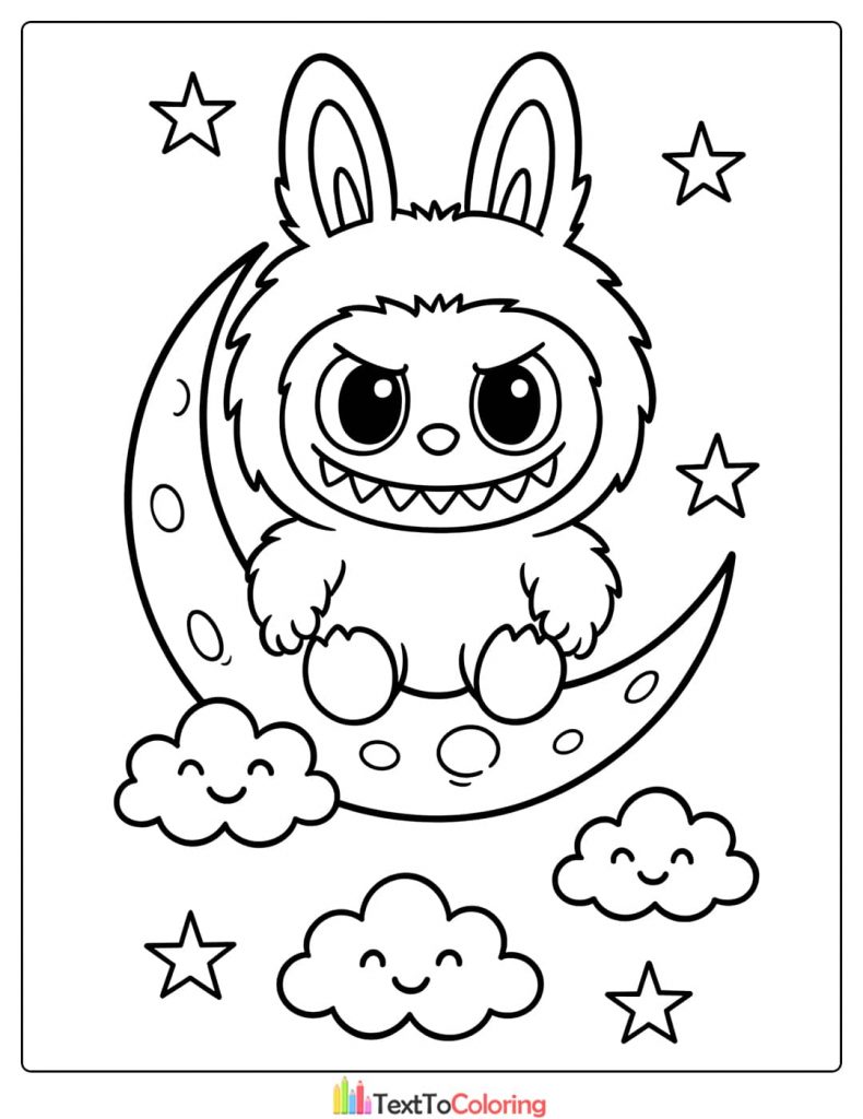 Cute Labubu bunny monster sitting on a smiling crescent moon surrounded by stars coloring picture