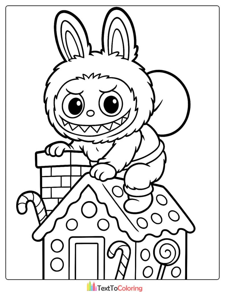 Labubu monster with a sack sitting on the roof and chimney of a candy decorated gingerbread house coloring image