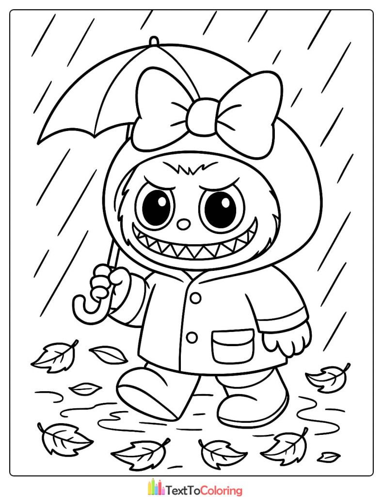 Labubu in a raincoat and bow holding an umbrella walking in the rain over autumn leaves coloring image