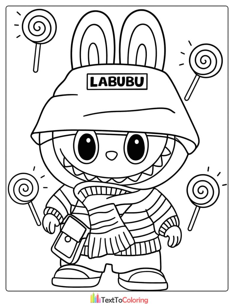Labubu wearing a beanie scarf and sweater surrounded by lollipops coloring image