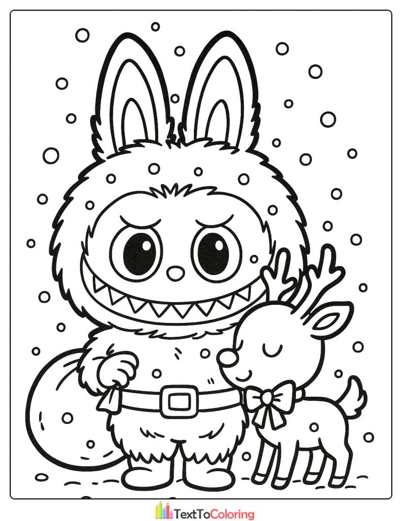 Labubu monster with a sack and belt standing next to a cute reindeer in the snow coloring picture