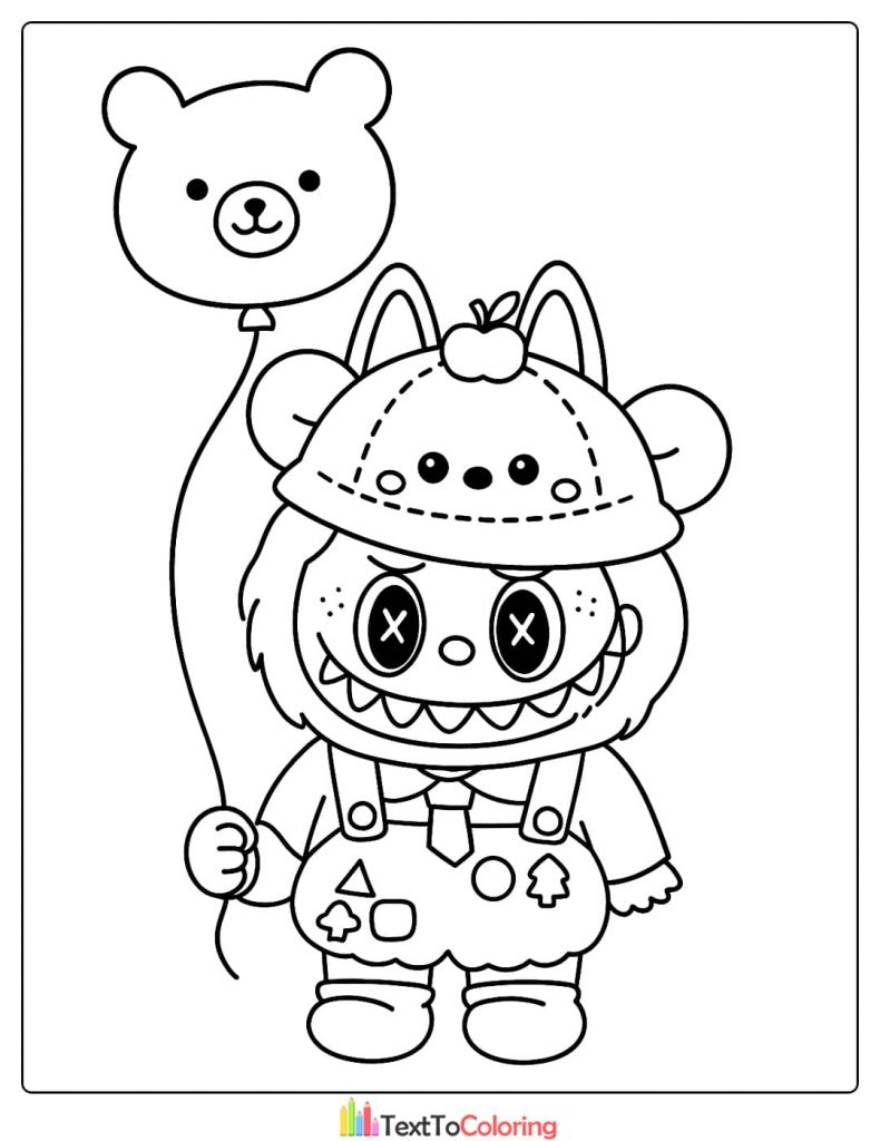 Labubu in overalls and apple hat holding a cute teddy bear shaped balloon coloring design