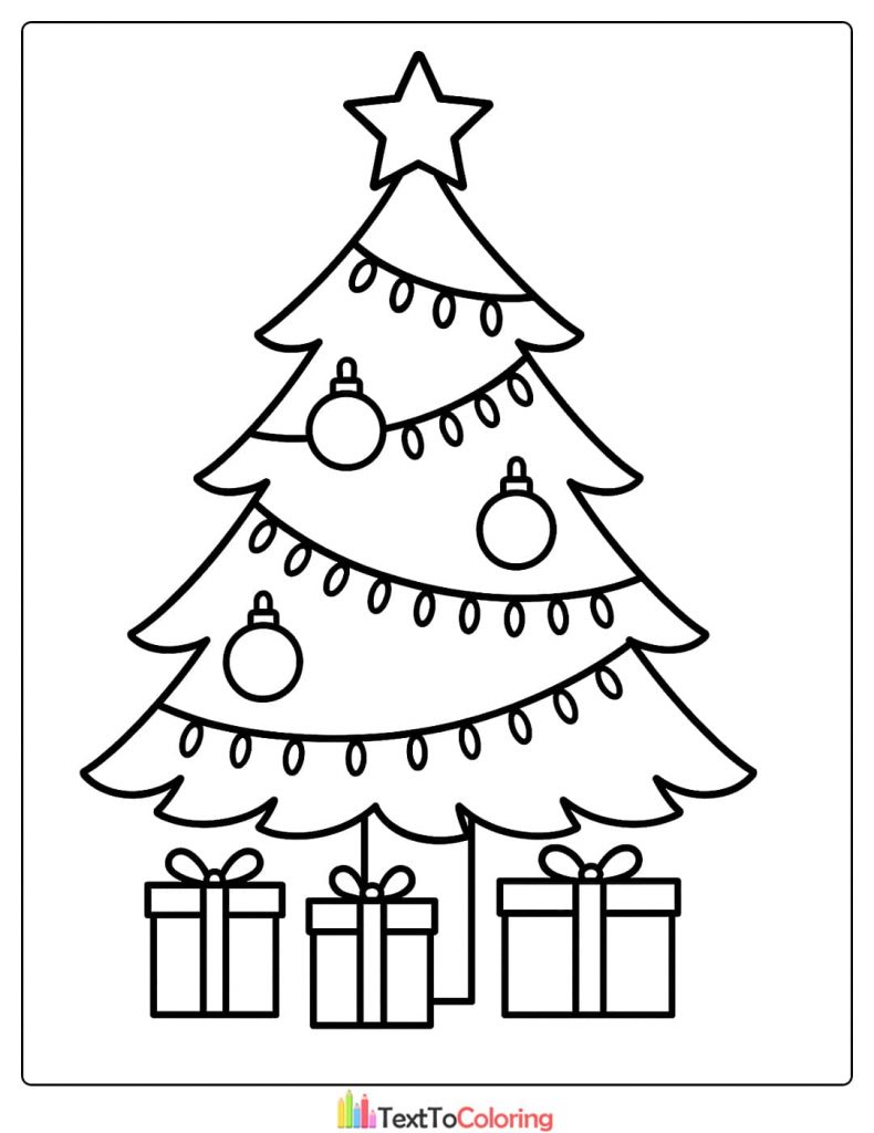 Simple Christmas Tree Coloring Page with Lights Baubles and Presents