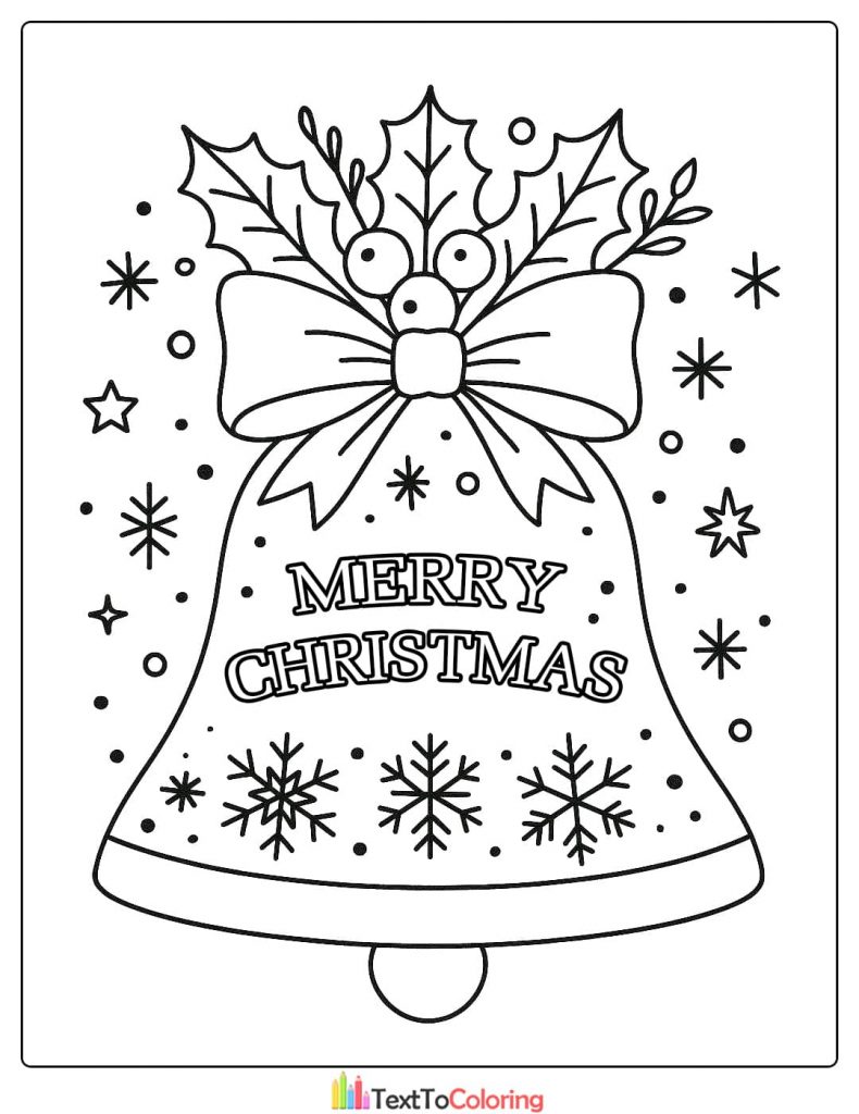 Christmas Coloring Page of a large bell decorated with holly a bow and snowflakes with Merry Christmas text