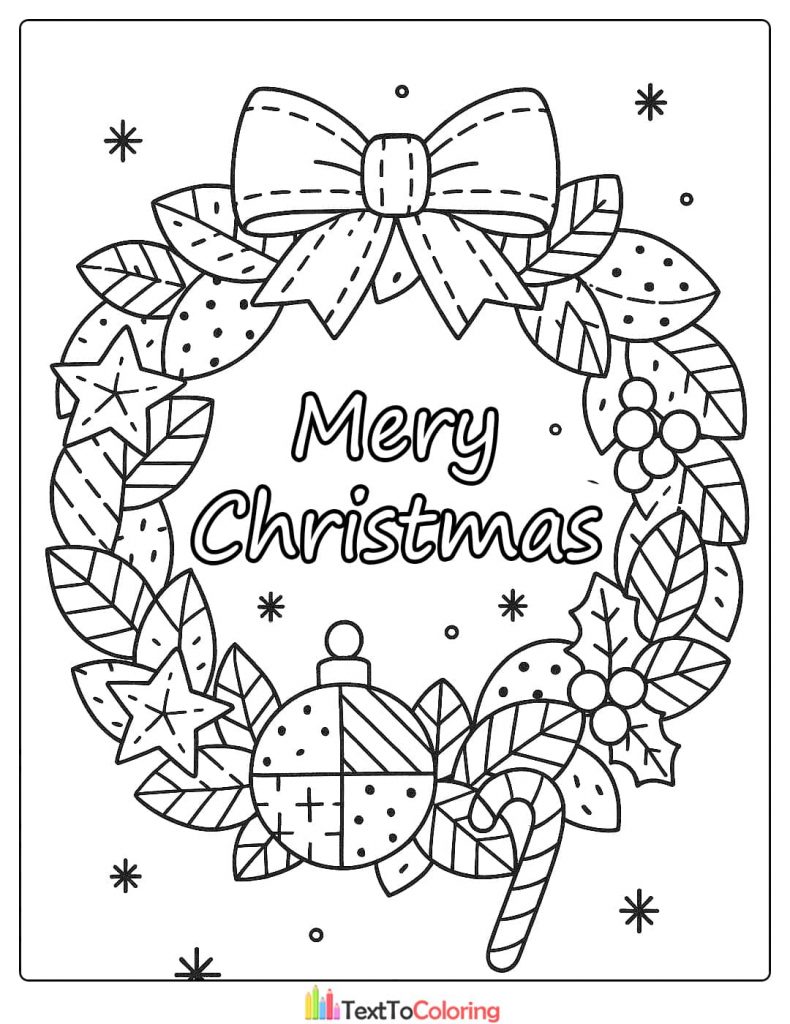 Decorative Christmas wreath with stars ornaments holly and bow around the phrase Mery Christmas