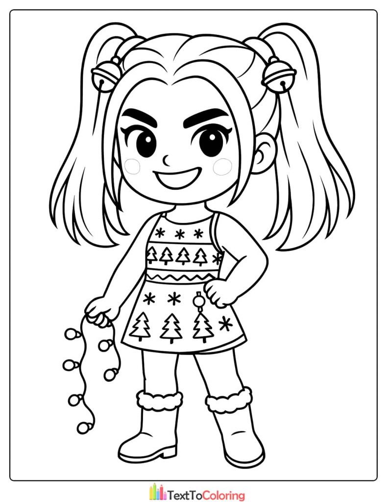 Chibi Kpop Demon Hunter girl holding string of Christmas lights Coloring Pages