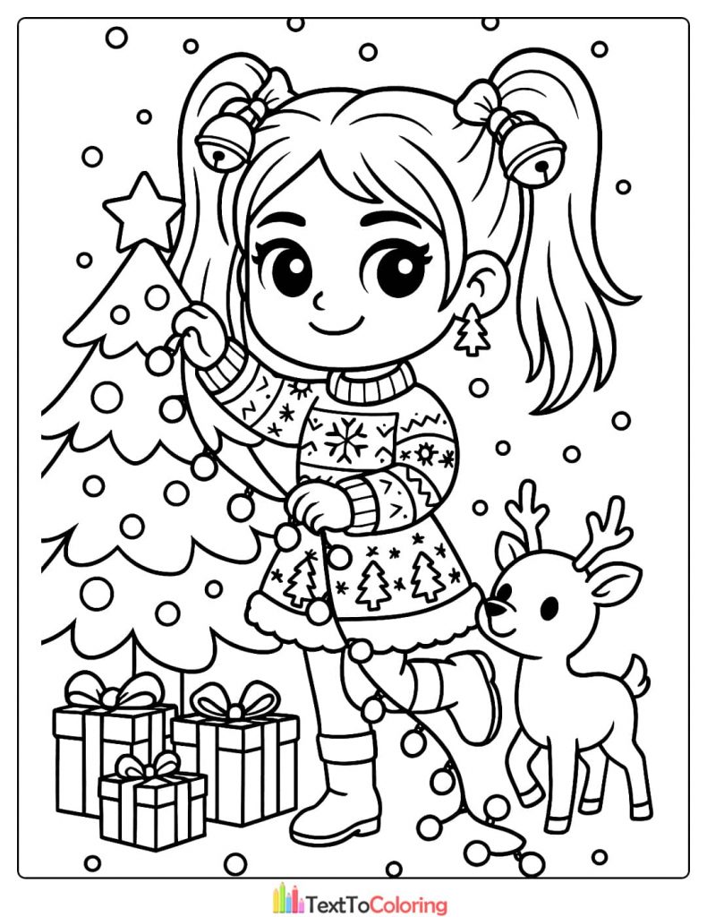 Chibi Mira next to Christmas tree with ornaments Kpop Demon Hunters Coloring Pages