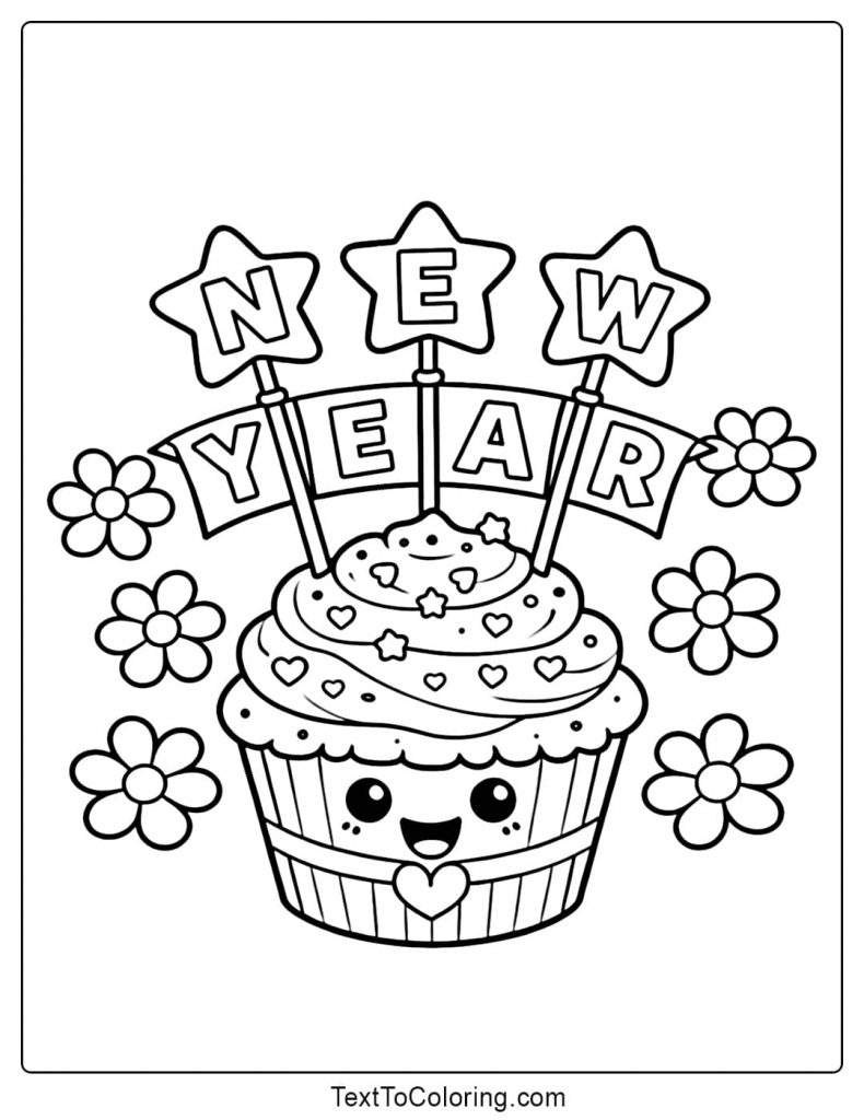 New Year Cupcake Happy New Year Coloring Pages