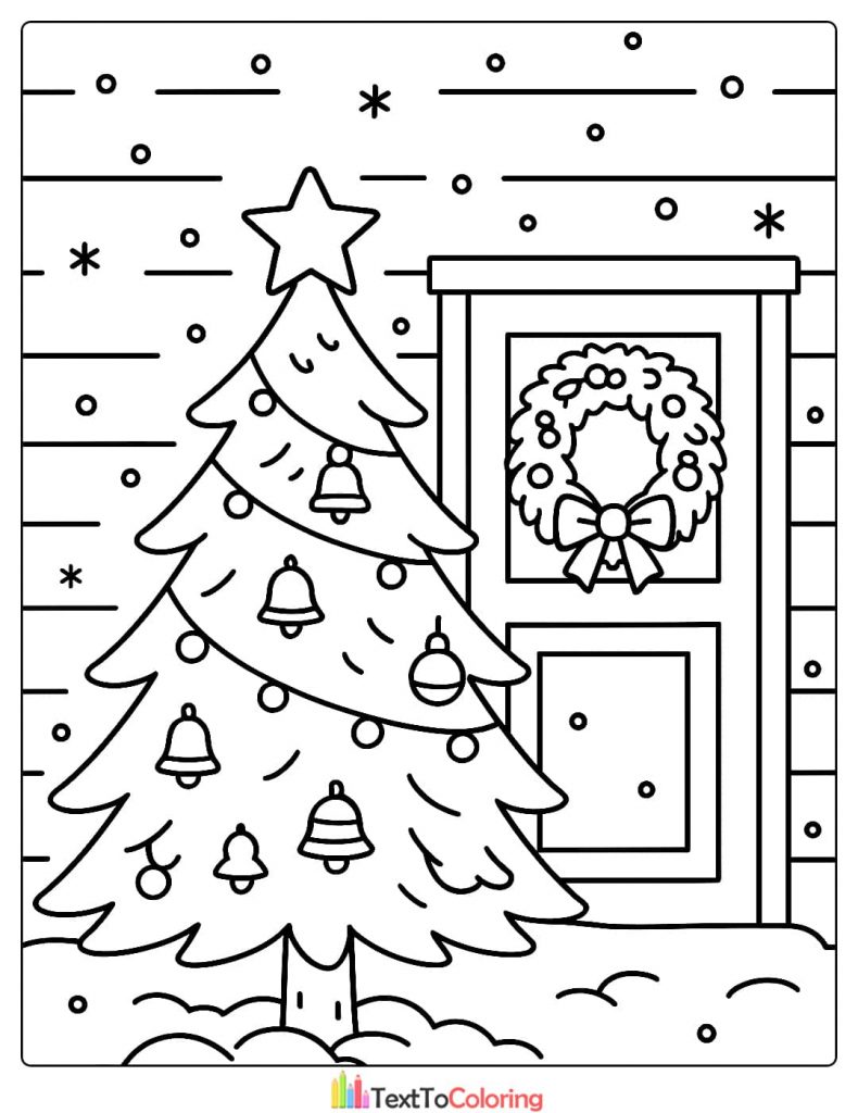 Festive Christmas Tree Coloring Page Outdoors with Door Wreath Bells