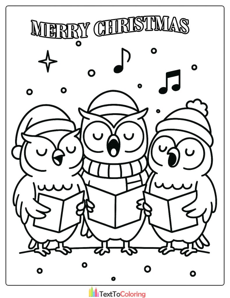 Christmas Coloring Page with three owls wearing hats and scarves singing carols from a book