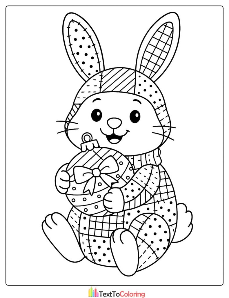 Cute patchwork bunny holding a Christmas ornament coloring page