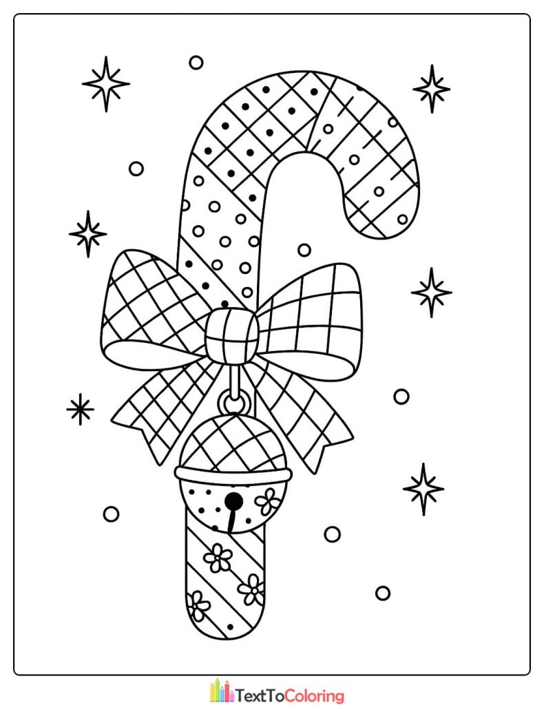 Christmas candy cane with a patchwork bow and jingle bell coloring page