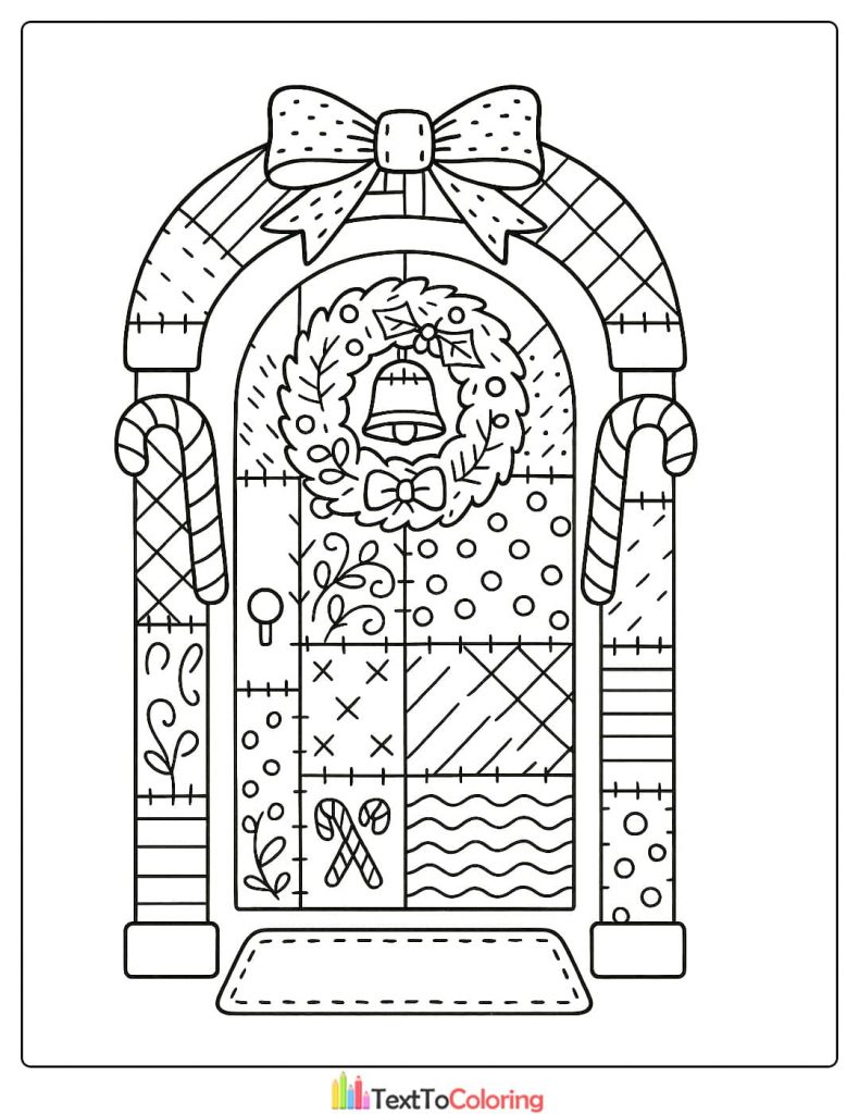 Festive front door with patchwork door panels a wreath bow and candy cane columns