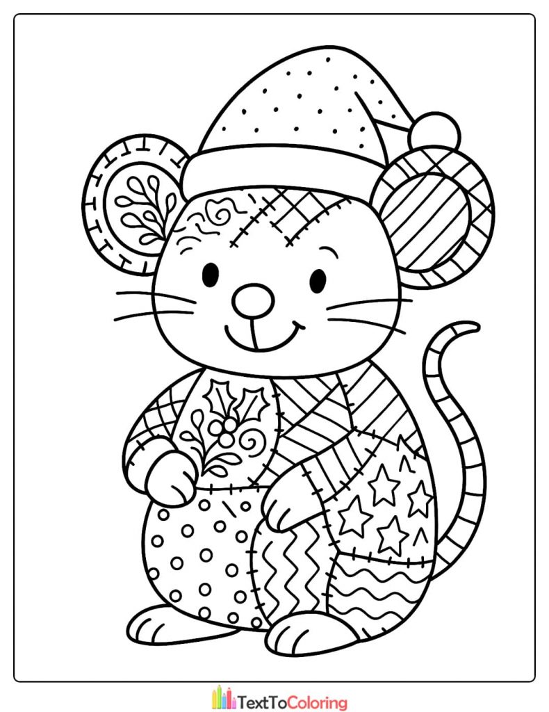 Cute mouse wearing a Santa hat holding a sprig of holly with a patchwork body design