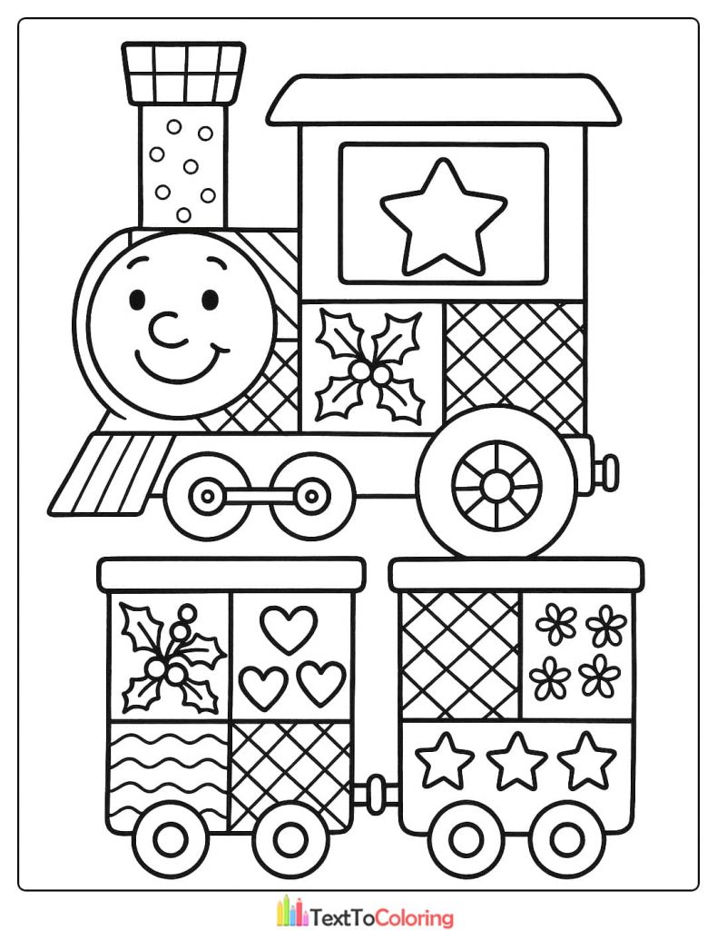 Cute patchwork train engine and carriages decorated with stars holly and hearts