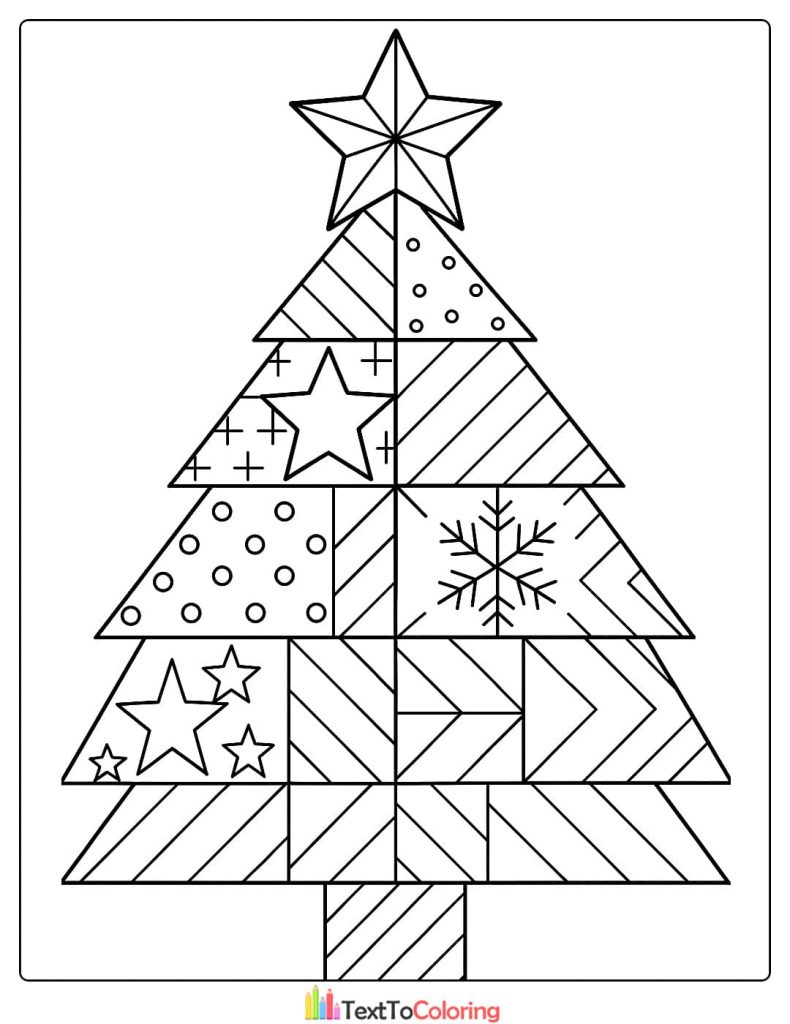 Christmas tree made of triangular patchwork blocks with stars and snowflake designs