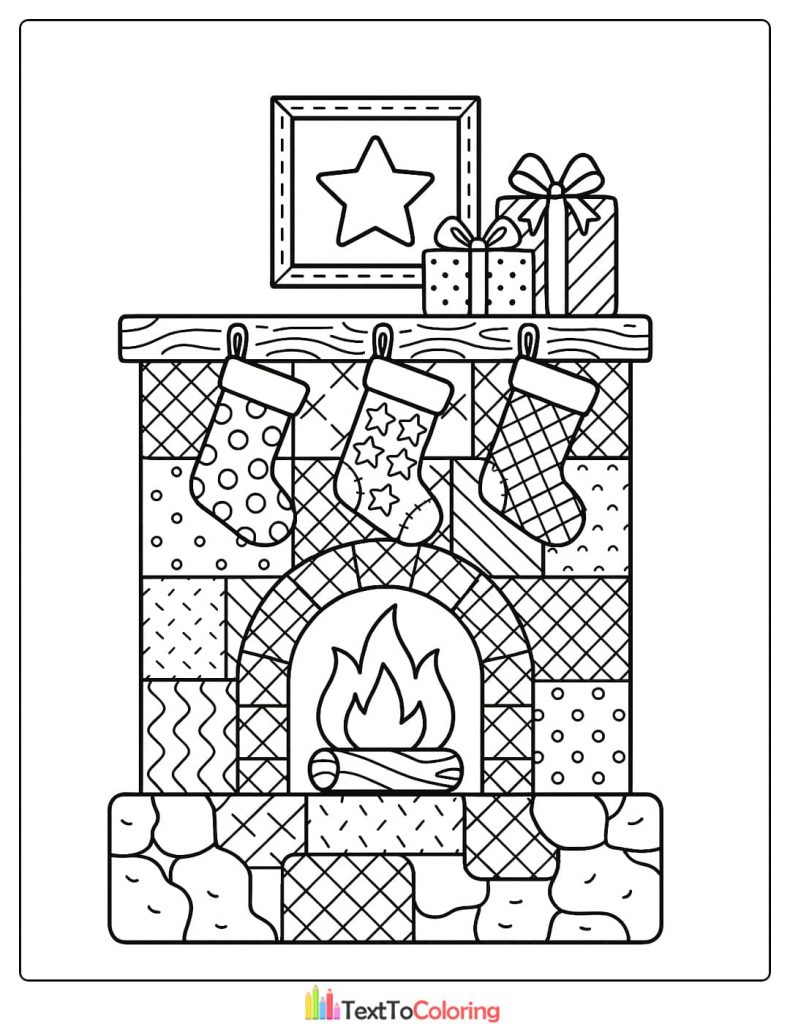 Cozy fireplace with a lit fire patchwork mantel stockings and wrapped presents