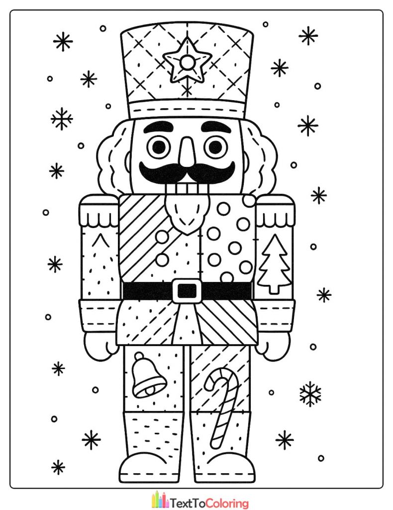 Traditional nutcracker soldier with patchwork jacket hat and legs surrounded by snowflakes