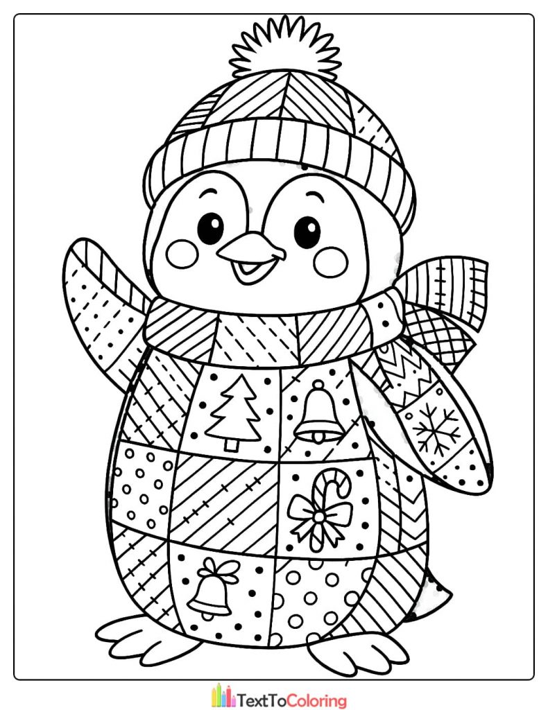 Happy patchwork penguin wearing a winter hat and scarf holding Christmas decorations coloring page