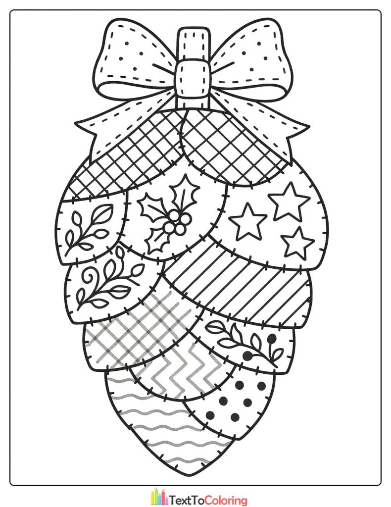 Detailed patchwork pinecone ornament with a bow and holiday patterns like stars and holly
