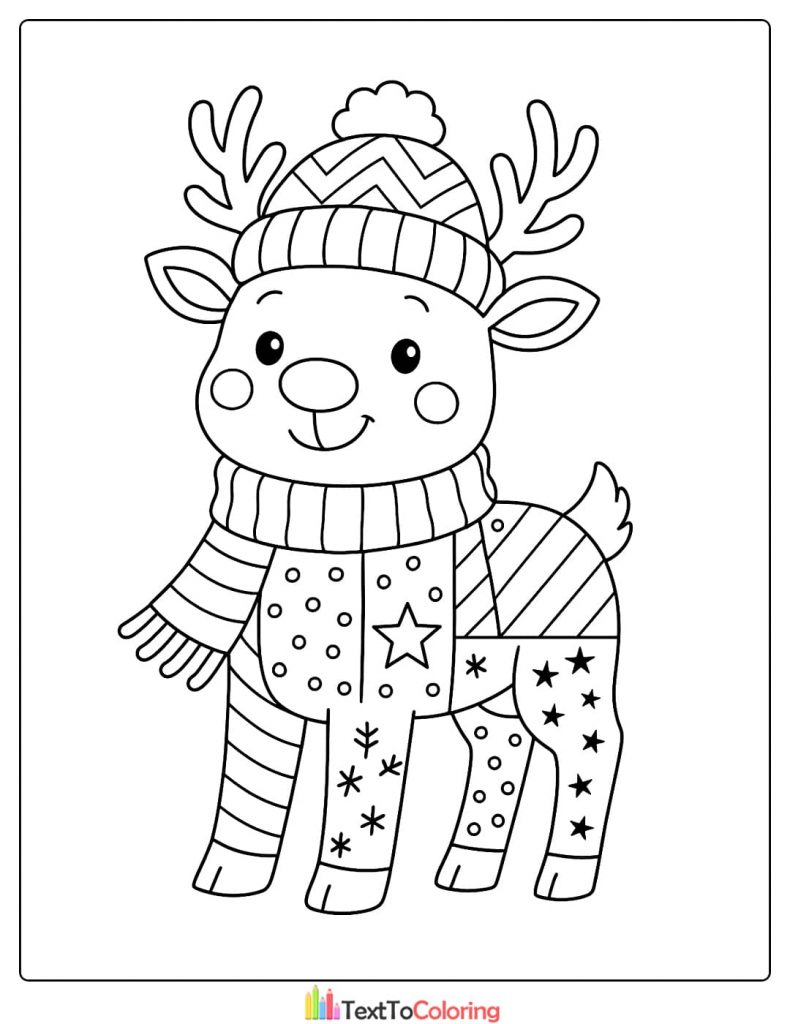 Cute reindeer wearing a striped hat and scarf with a patchwork coat featuring a star and snowflake patterns