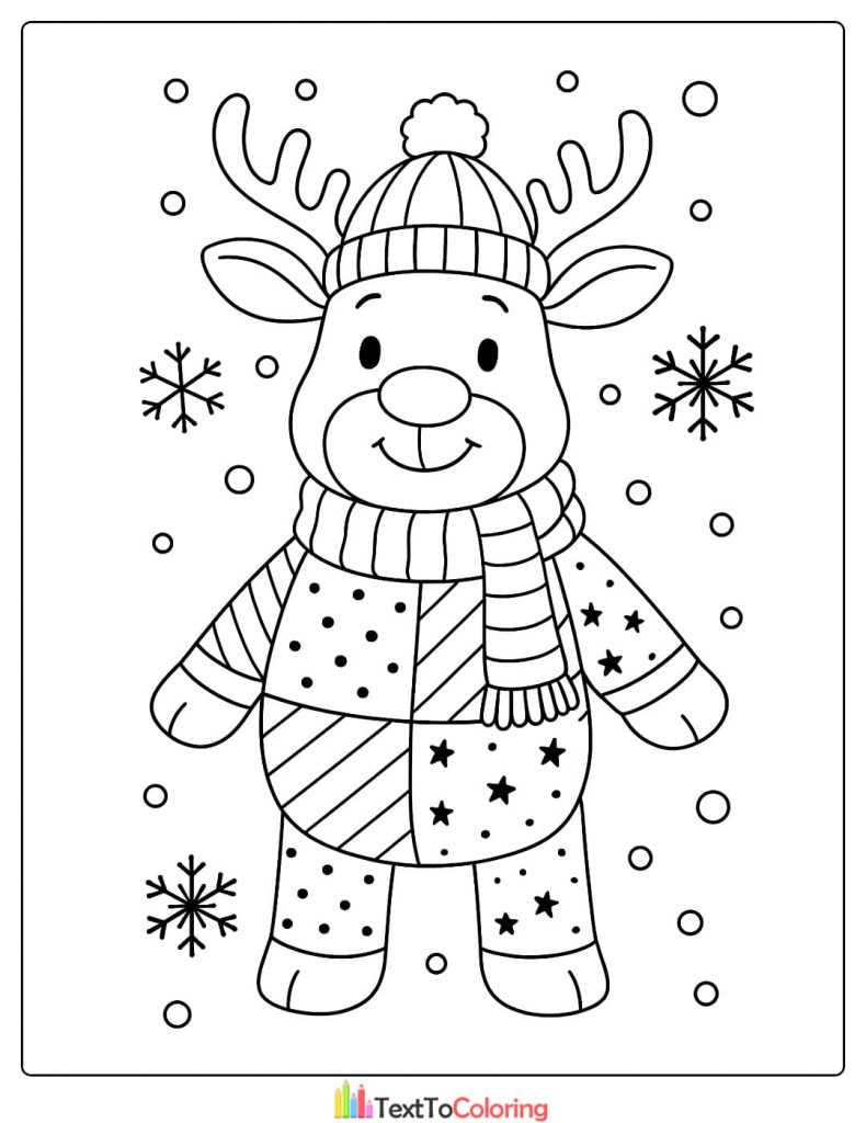 Cute reindeer wearing a warm hat and striped scarf with a patchwork sweater surrounded by snowflakes