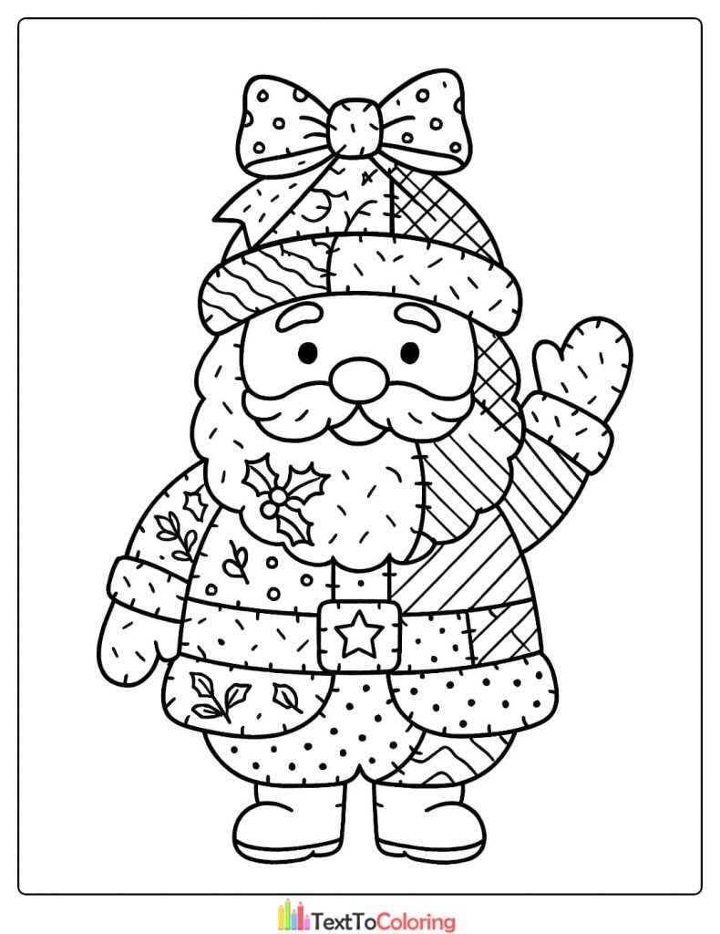 Cheerful Santa Claus wearing a patchwork hat and coat with holly and star belt buckle waving