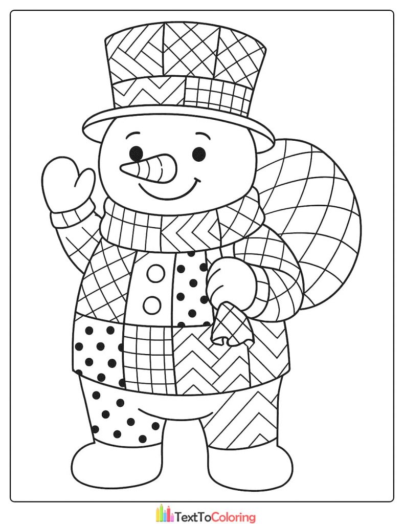 Jolly snowman wearing a patchwork coat and top hat carrying a large sack of gifts coloring page