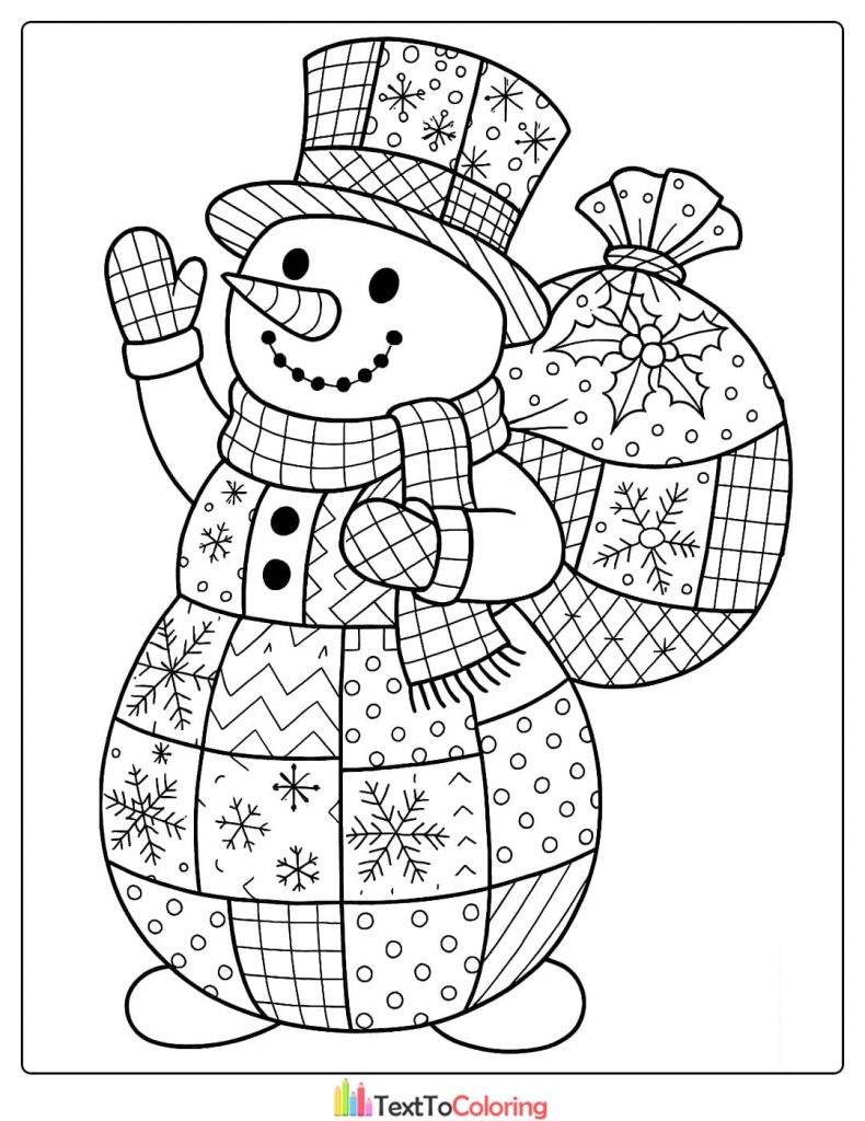 Jolly snowman wearing a patchwork coat and top hat carrying a large sack of gifts coloring page