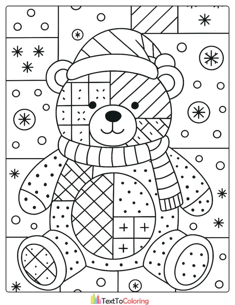 Sitting teddy bear wearing a striped hat and scarf with patchwork patterns surrounded by snowflakes