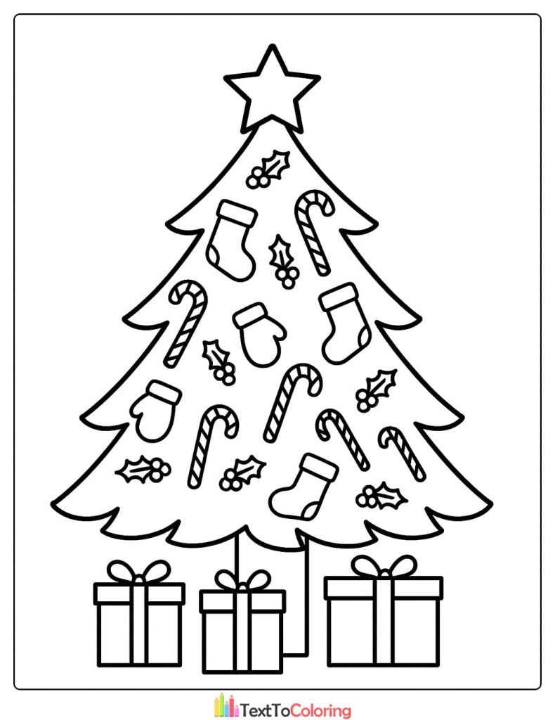 Christmas Tree Coloring Page with Candy Canes Stockings Mittens Holly