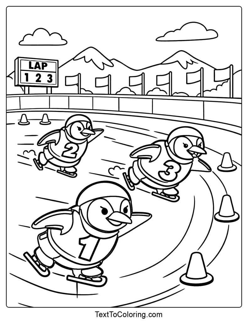 Penguin Speed Skating Race Winter Sports Coloring Pages